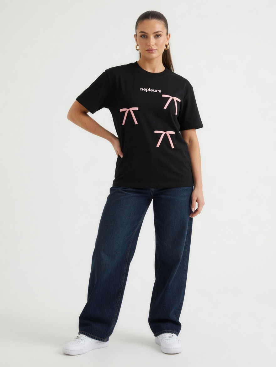 PINK BOW DOWN SHOULDER TEE