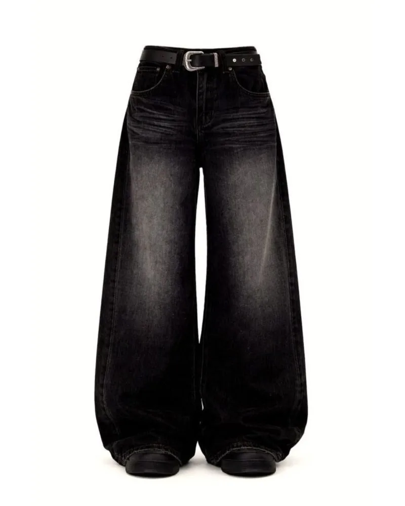 UNISEX WIDE LEG BAGGY BLACK WASHED JEANS